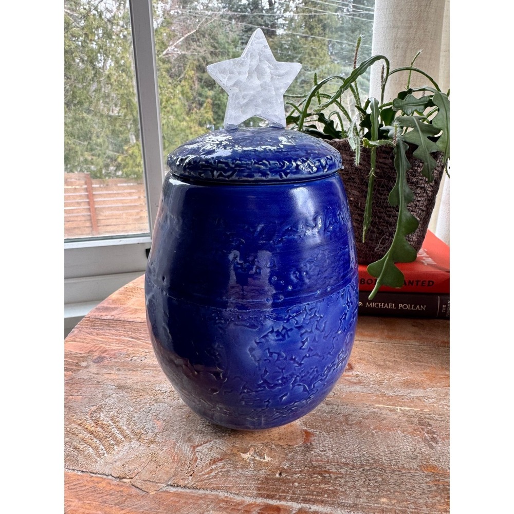 Celestial Art Pottery Cobalt Blue Textured Ceramic Jar with Crystal Star Finial